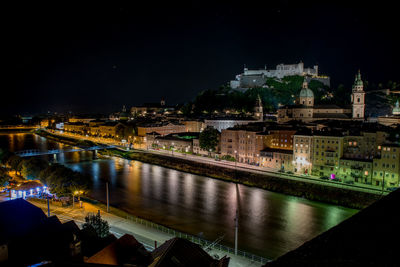 Illuminated buildings by river against sky in city at night