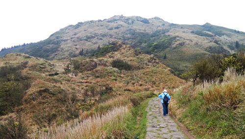 Rear view of man walking on landscape