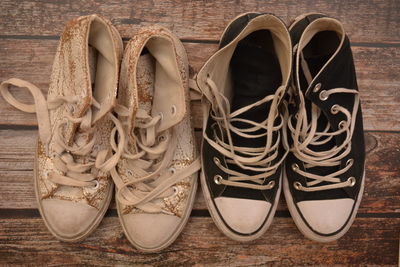 High angle view of shoes on wooden floor