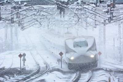 Tokaido shinkansen n700a passing through maibara station at snowy day