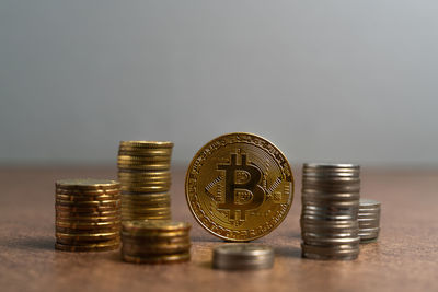 Stack of coins on table