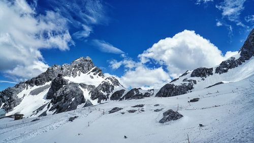 Scenic view of snow covered mountain against sky