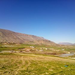 Scenic view of field against clear blue sky