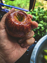 Close-up of hand holding strawberry