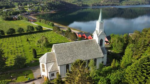 Church in the city of sjøholt norway view over storfjord