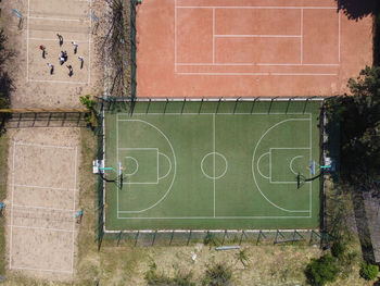 Football field, aerial copy space photo shot with a drone