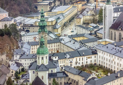 High angle view of buildings in town