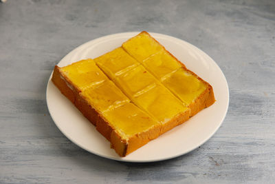 High angle view of dessert in plate on table