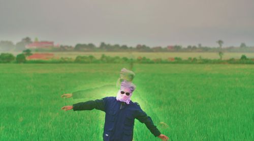 Multiple image of man wearing plastic bag with sunglasses at farm against sky