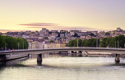 Bridge over river at sunset