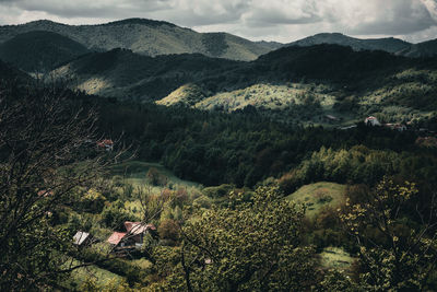 High angle view of trees and mountains against sky