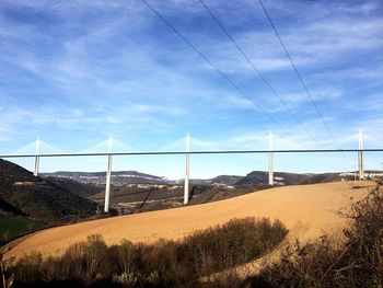 Millau bridge amidst mountains against blue sky