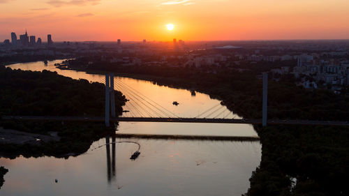 Siekierkowski bridge over river against sky during sunset