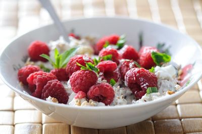 Close-up of strawberries in bowl on table