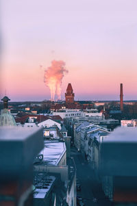 High angle view of cityscape against sky during sunset