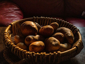 High angle view of wicker basket on table