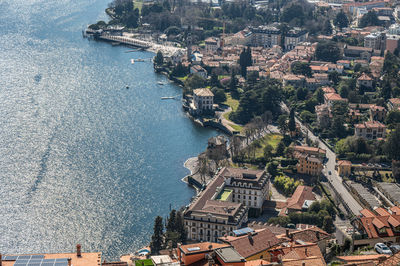 High angle view of cityscape by sea