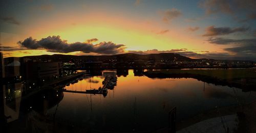 Scenic view of river against sky at sunset