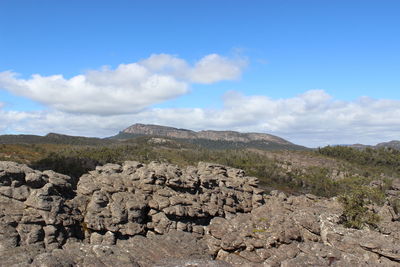 Scenic view of mountains against cloudy sky