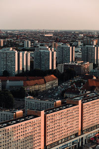 High angle view of buildings in city against sky