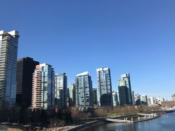 Modern buildings in city against clear sky