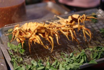 High angle view of crab on barbecue grill