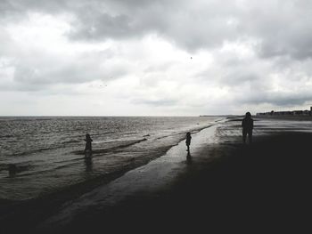 Rear view of silhouette people walking on beach