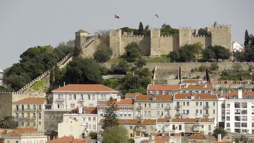 Buildings in city against clear sky