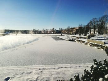 Scenic view of lake against clear sky during winter