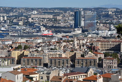 High angle view of buildings in city