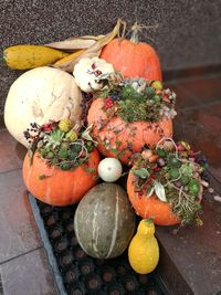 High angle view of pumpkins on table