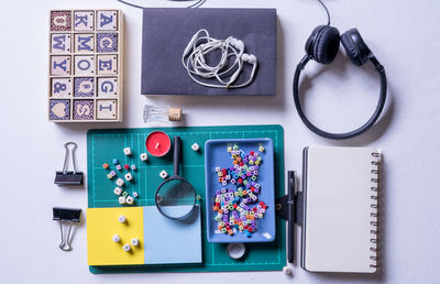 High angle view of objects on table