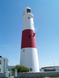 Low angle view of lighthouse against clear sky