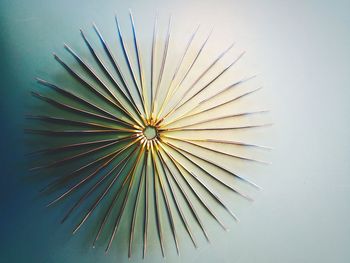 High angle view of umbrellas on table