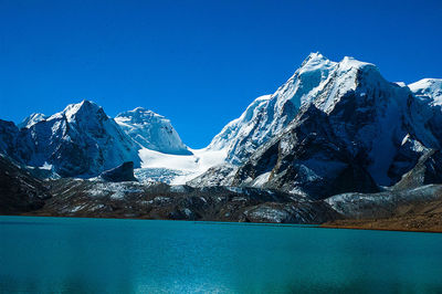 Scenic view of snowcapped mountains against clear blue sky