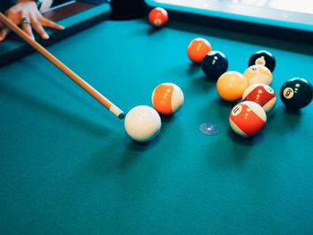 Close-up of pool balls on table