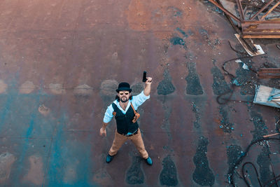 High angle view of boy on floor