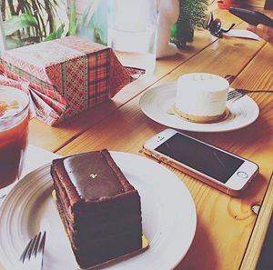 High angle view of dessert on table