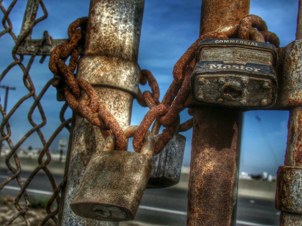 rusty, metal, close-up, metallic, focus on foreground, old, weathered, blue, padlock, run-down, deterioration, obsolete, iron - metal, low angle view, lock, safety, day, sky, damaged, outdoors