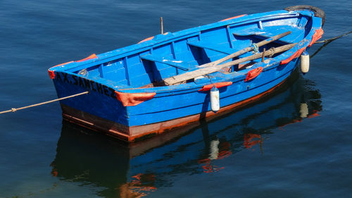 High angle view of ship moored in sea