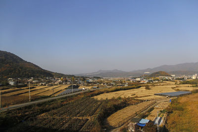 Aerial view of agricultural landscape against clear sky