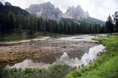 Scenic view of river by mountains against sky