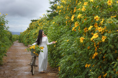 Woman standing by yellow flowers against trees