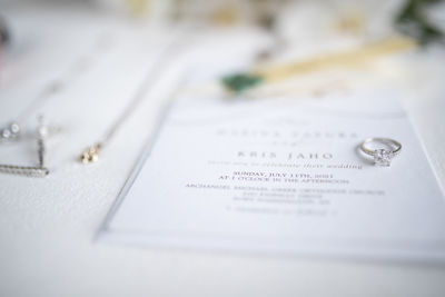 Close-up of wedding invitation 