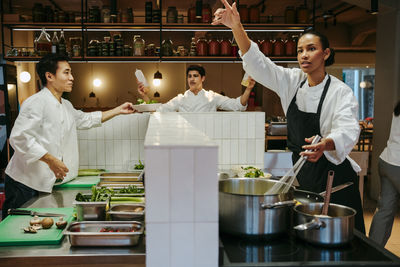 Male and female chefs working in commercial kitchen at restaurant