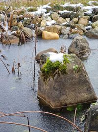 High angle view of stones in river