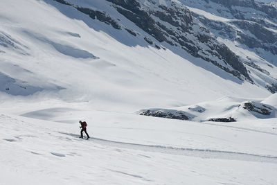 Rear view of person skiing on snowcapped mountain