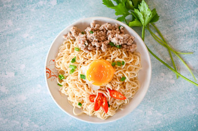 High angle view of food in bowl on table