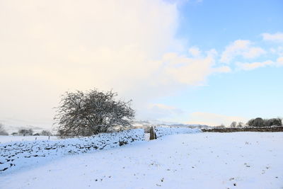 Snow covered field against sky during sunset