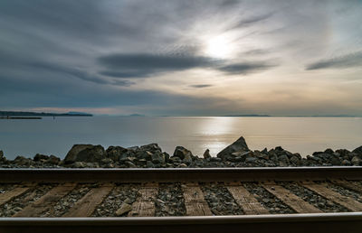 Railroad tracks by sea against sky